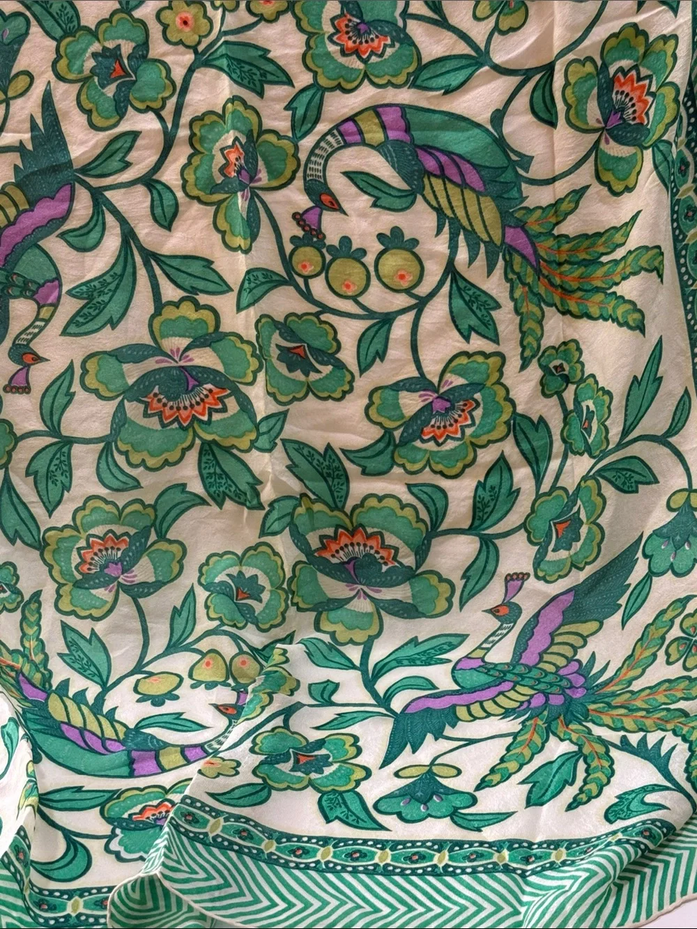 Vintage 1960’s Floral Peacock 🦚 Bird Silk Scarf 🧣 in Green & Cream white unique